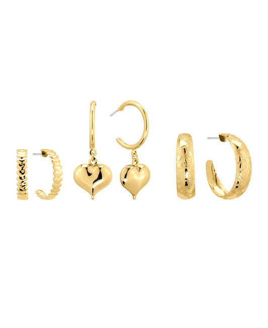 Metal Heart Charm 3 Set Hoop Earring