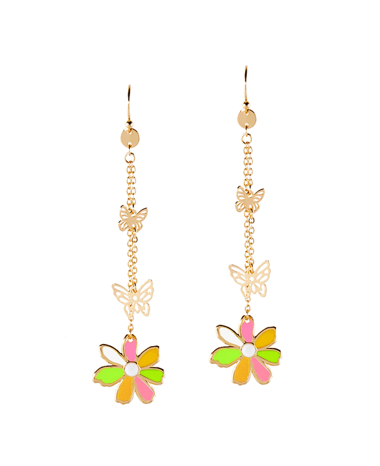 Metal Epoxy Flower w/ Butterfly Drop Earring