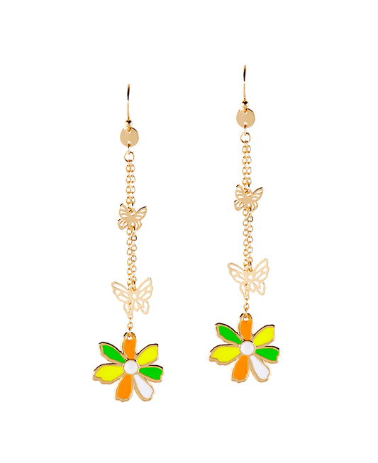 Metal Epoxy Flower w/ Butterfly Drop Earring