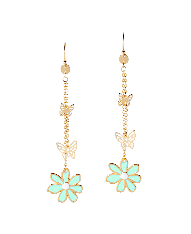 Metal Epoxy Flower w/ Butterfly Drop Earring