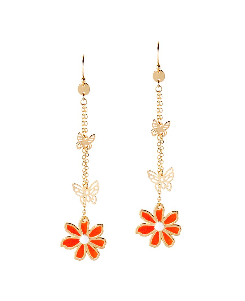 Metal Epoxy Flower w/ Butterfly Drop Earring