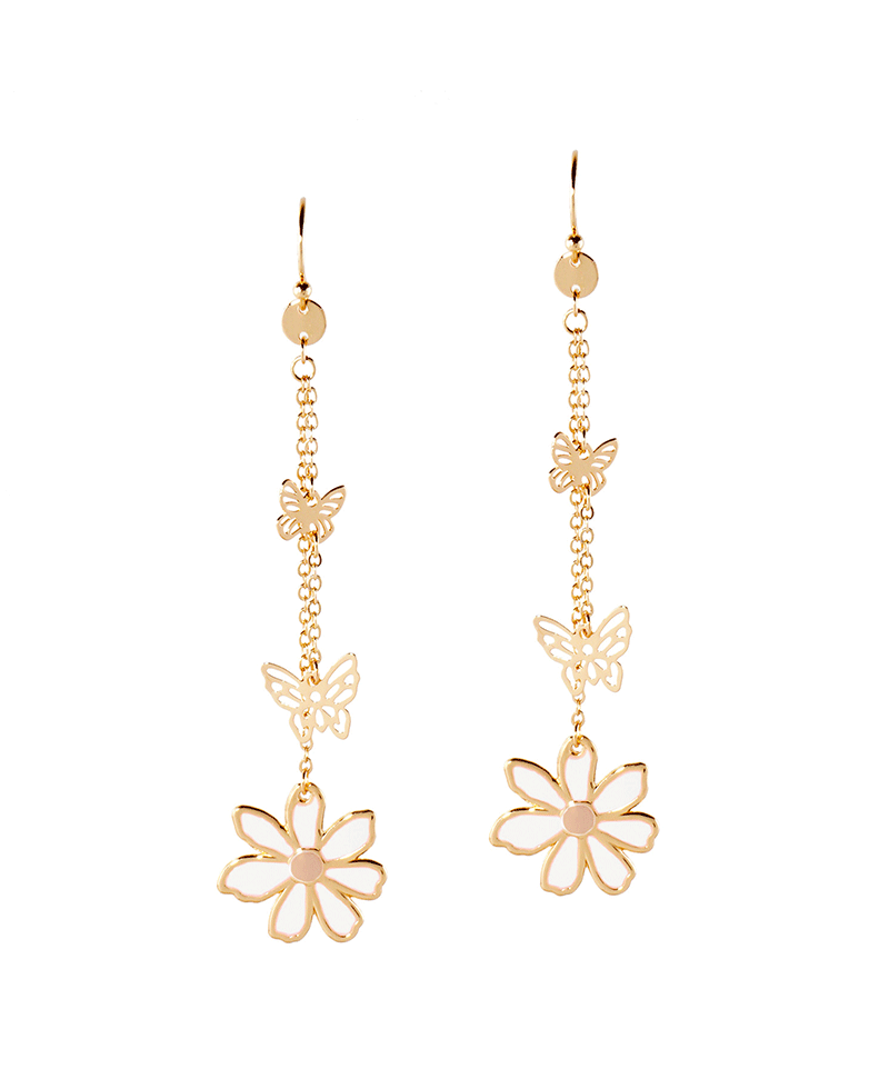 Metal Epoxy Flower w/ Butterfly Drop Earring