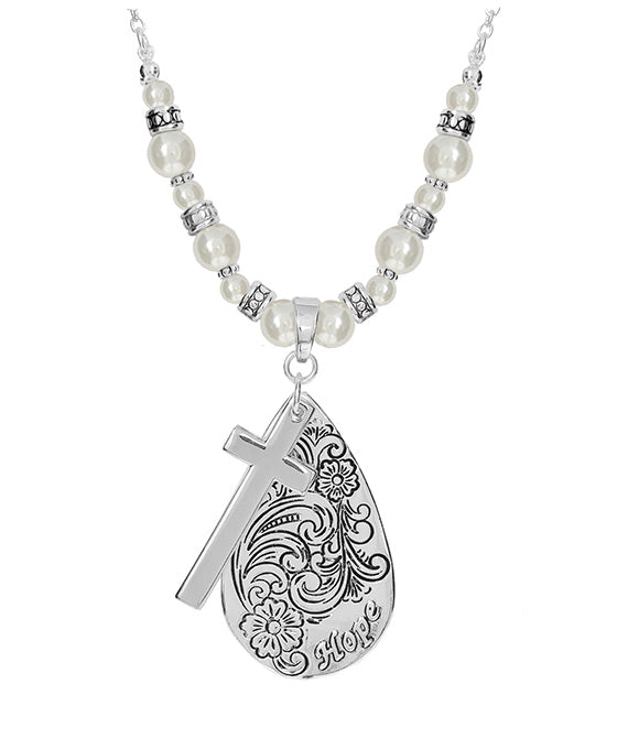 Hope Teardrop & Cross w/ Pearl Necklace