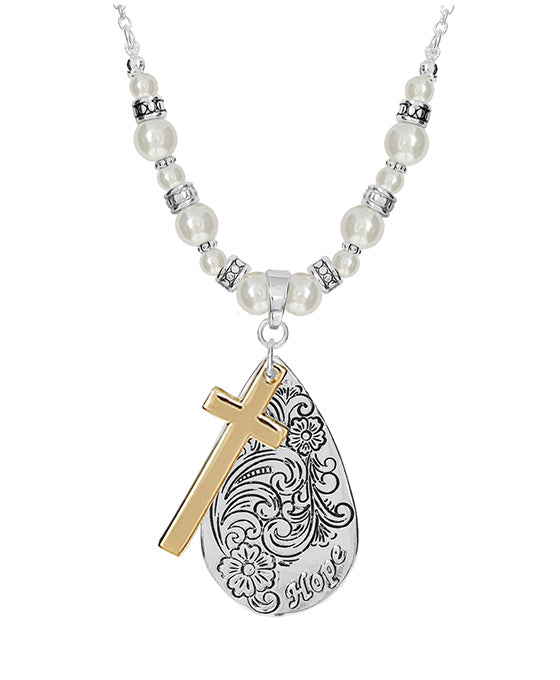 Hope Teardrop & Cross w/ Pearl Necklace