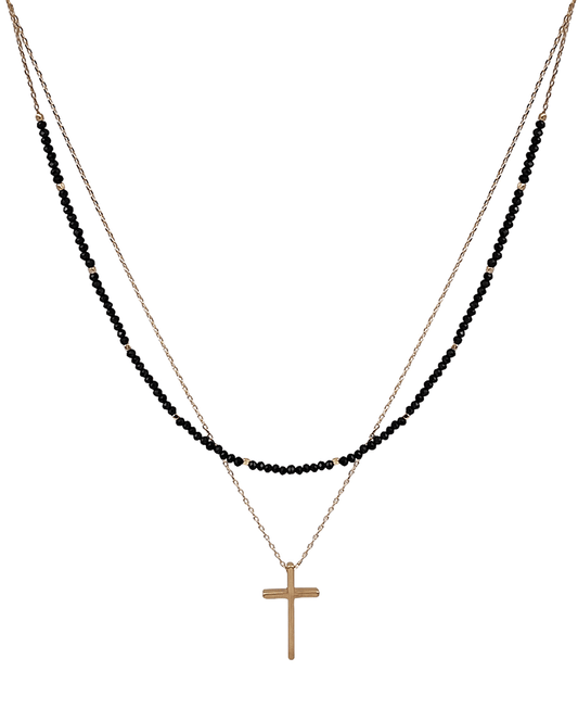 Layered Glass & Cross Short Necklace