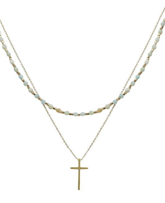 Layered Stone & Cross Short Necklace