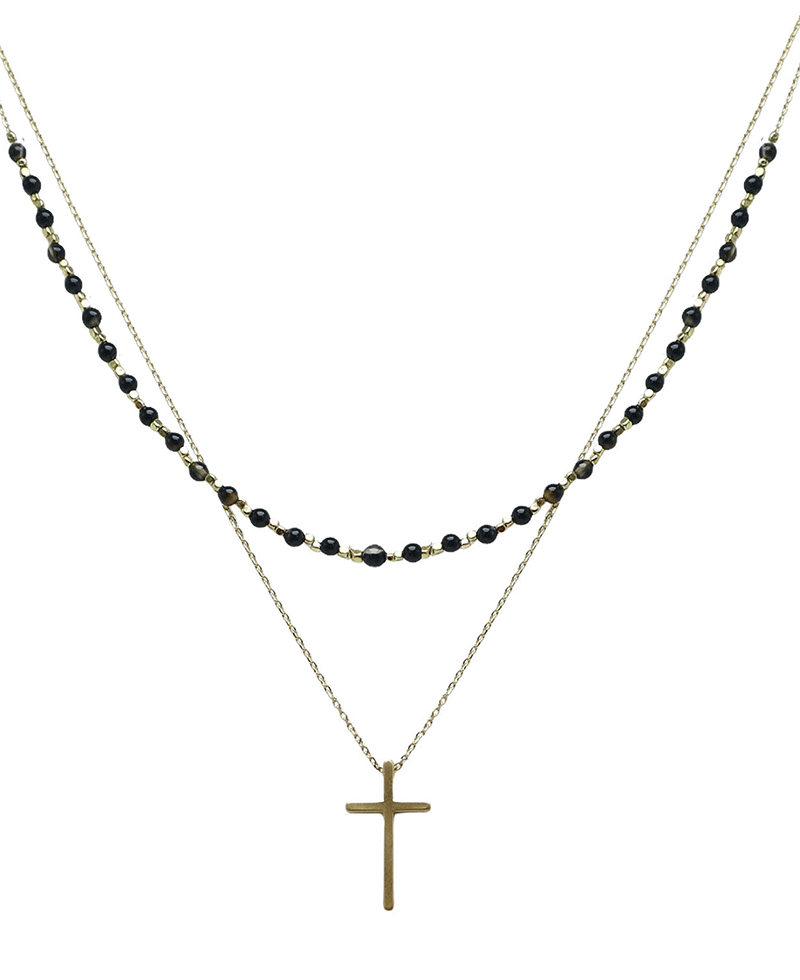 Layered Stone & Cross Short Necklace