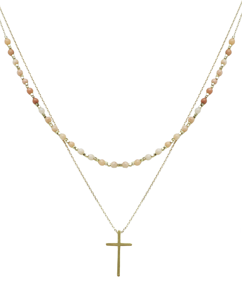 Layered Stone & Cross Short Necklace