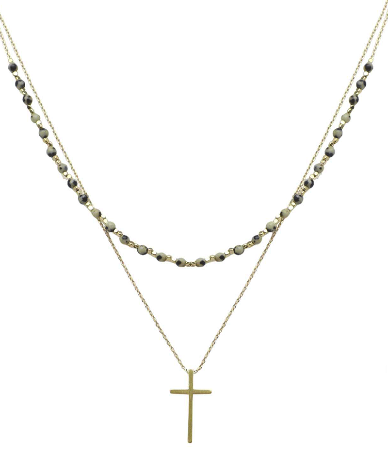 Layered Stone & Cross Short Necklace