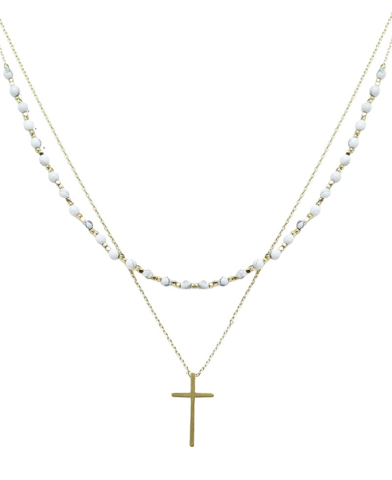 Layered Stone & Cross Short Necklace