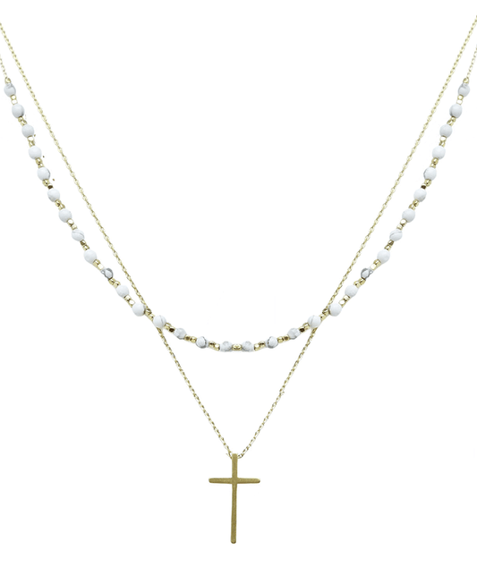 Layered Stone & Cross Short Necklace