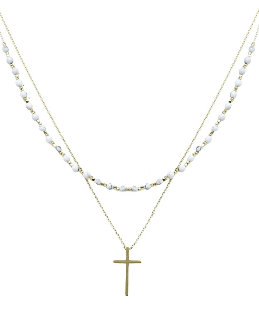 Layered Stone & Cross Short Necklace