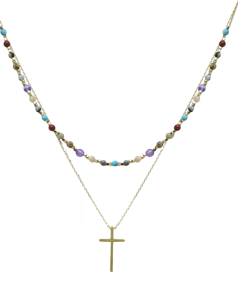 Layered Stone & Cross Short Necklace