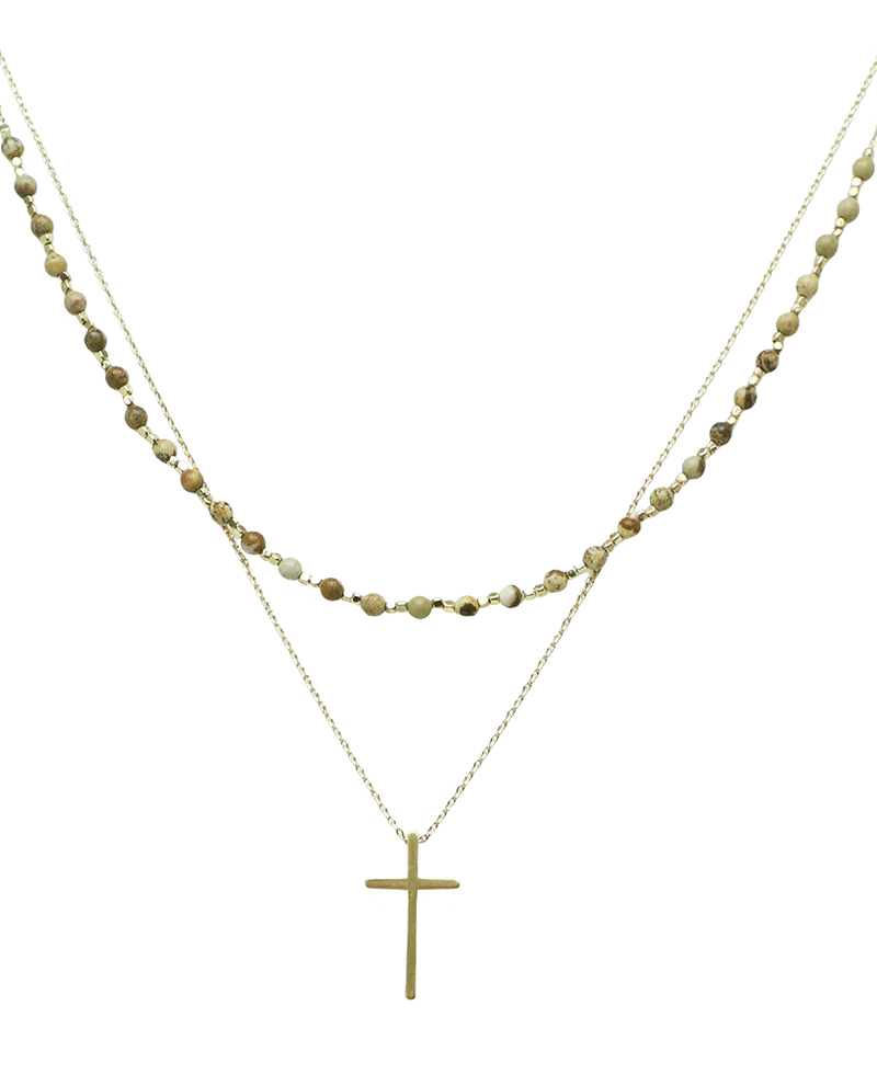 Layered Stone & Cross Short Necklace