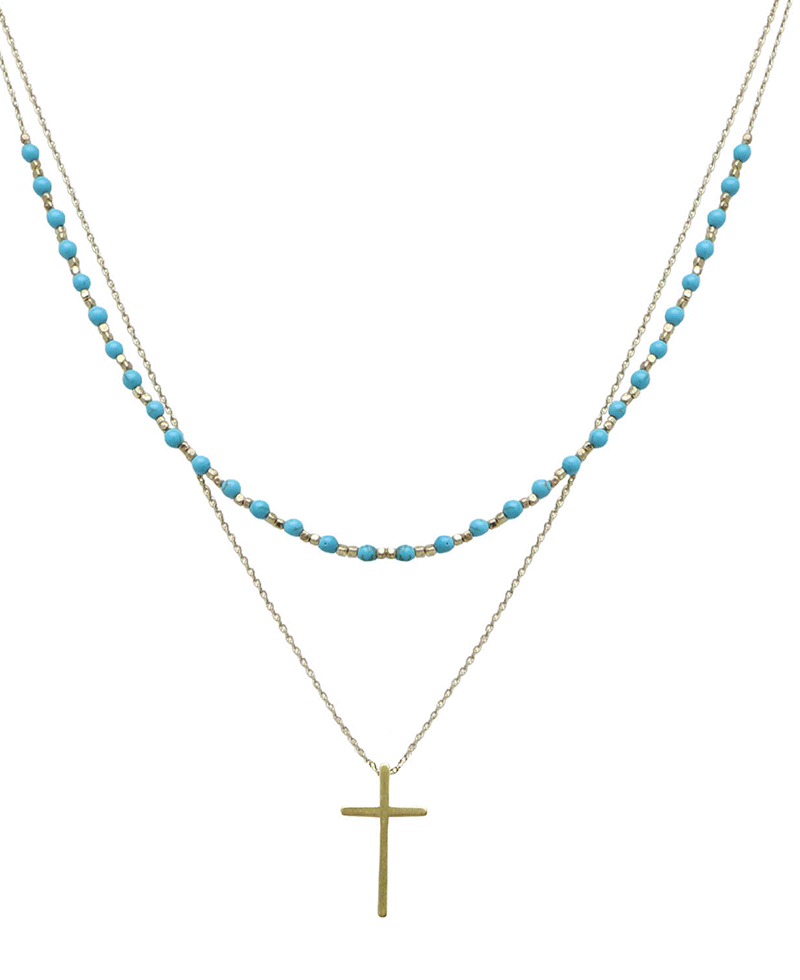 Layered Stone & Cross Short Necklace