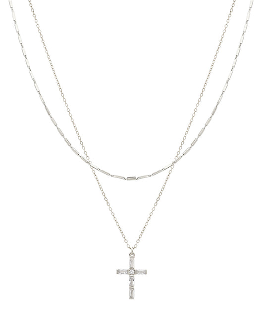2 Layered Stone Cross Necklace