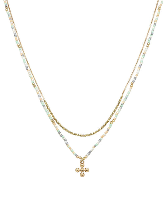 Seed Beads w/ Cross Double Layered Short Necklace