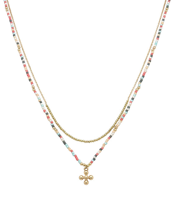 Seed Beads w/ Cross Double Layered Short Necklace