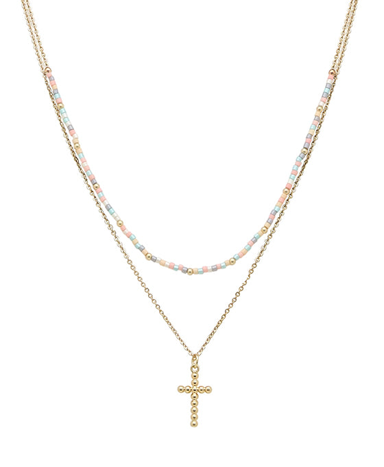 Seed Beads & Drop Cross Short Necklace