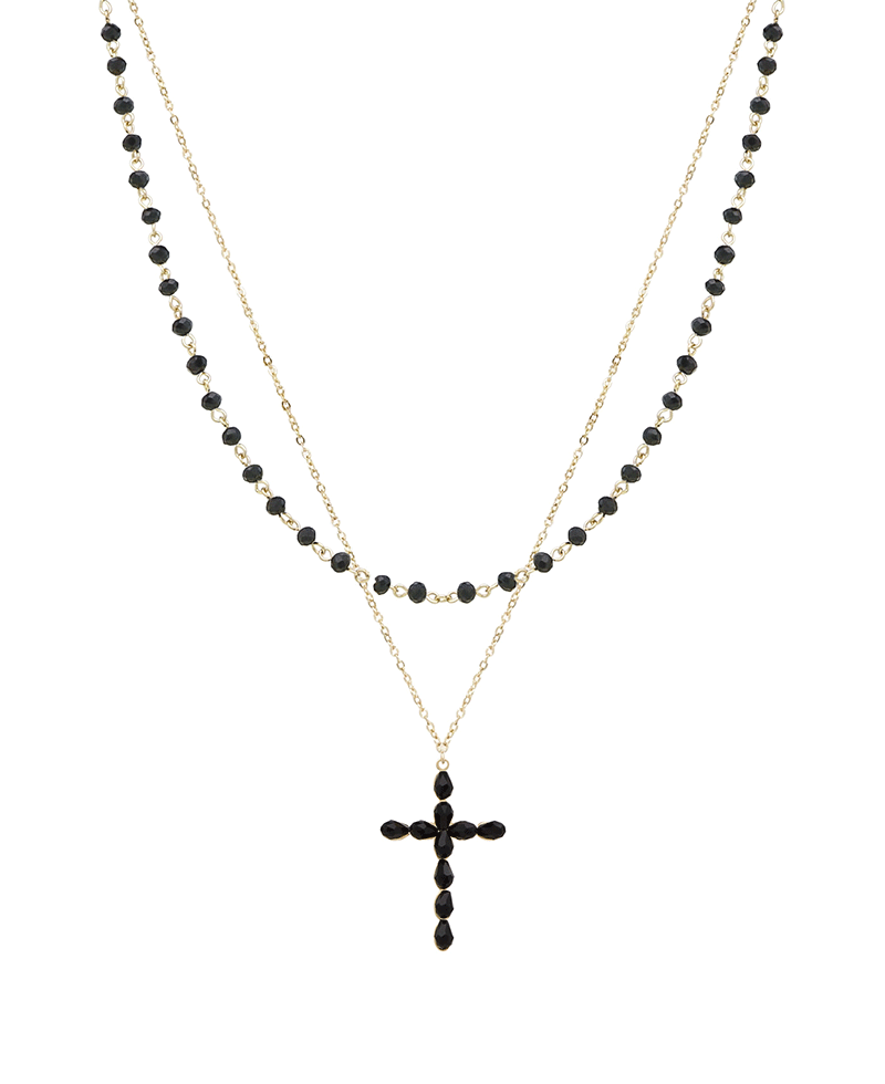 Layered Glass & Beaded Cross Short Necklace
