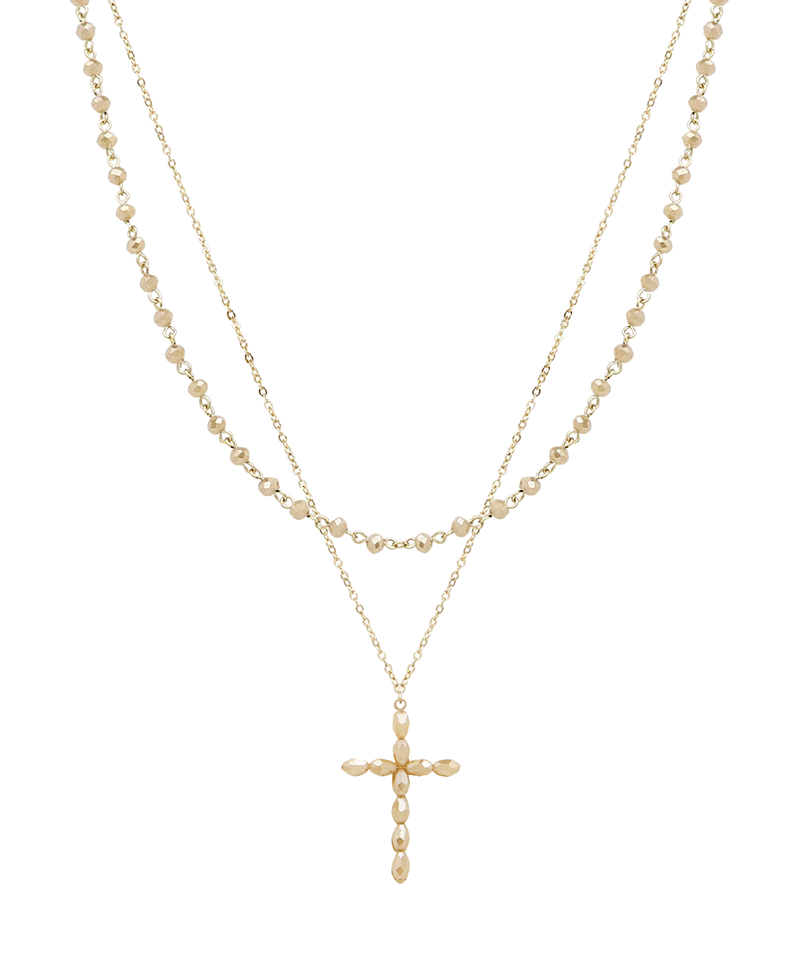 Layered Glass & Beaded Cross Short Necklace