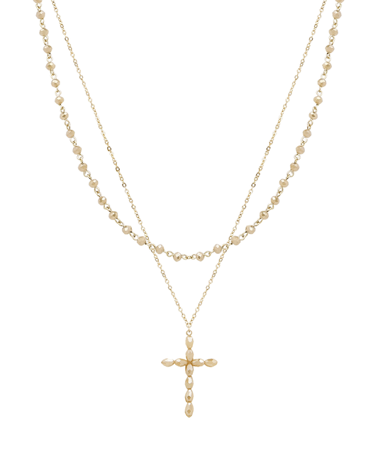 Layered Glass & Beaded Cross Short Necklace
