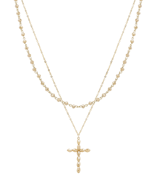 Layered Glass & Beaded Cross Short Necklace2.5
