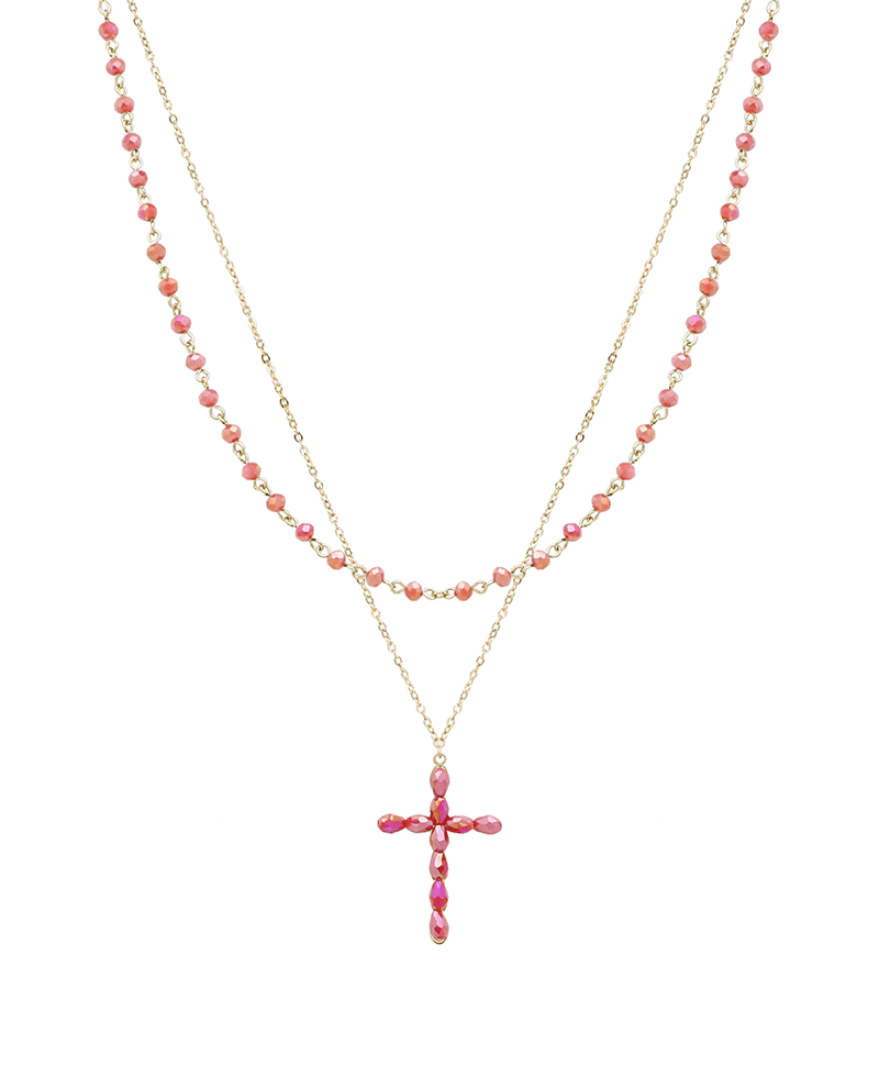 Layered Glass & Beaded Cross Short Necklace