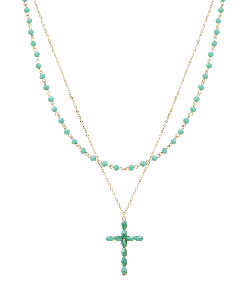 Layered Glass & Beaded Cross Short Necklace2.5