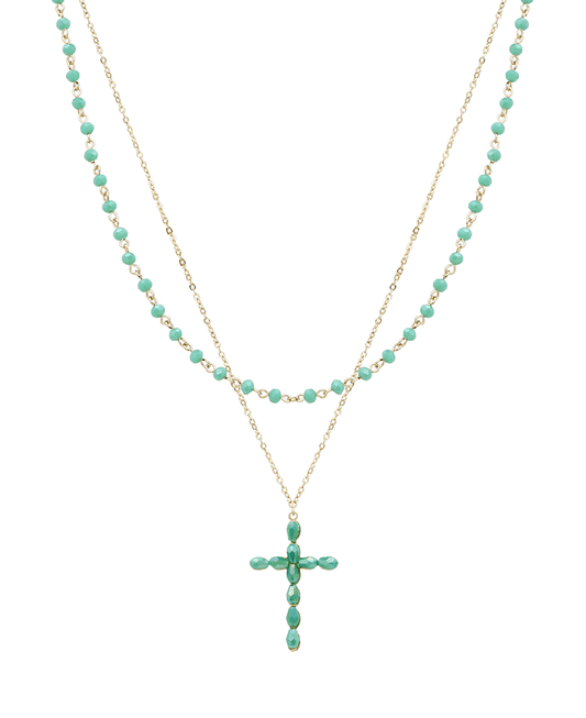 Layered Glass & Beaded Cross Short Necklace