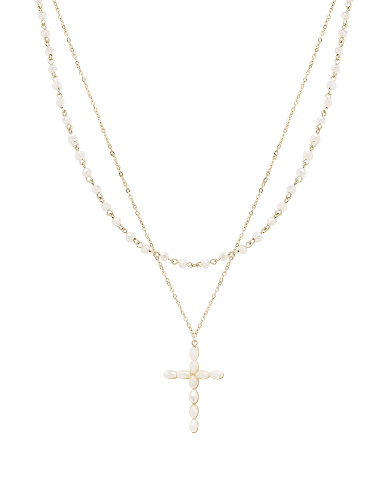 Layered Glass & Beaded Cross Short Necklace