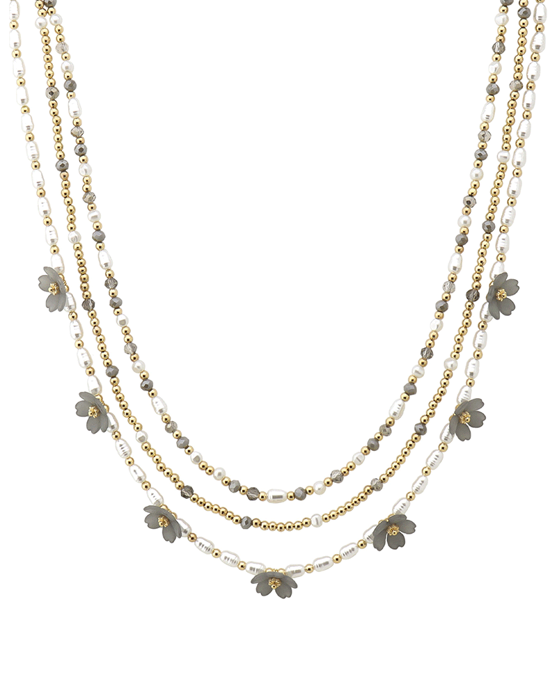 Layered Multi Bead w/ Flower Short Necklace