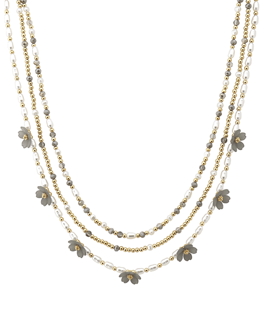 Layered Multi Bead w/ Flower Short Necklace