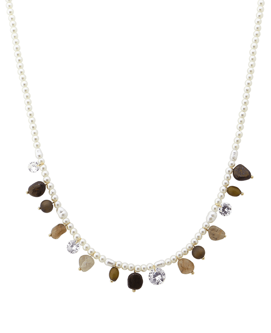 Multi Stone & Crystal Pearl Short Necklace