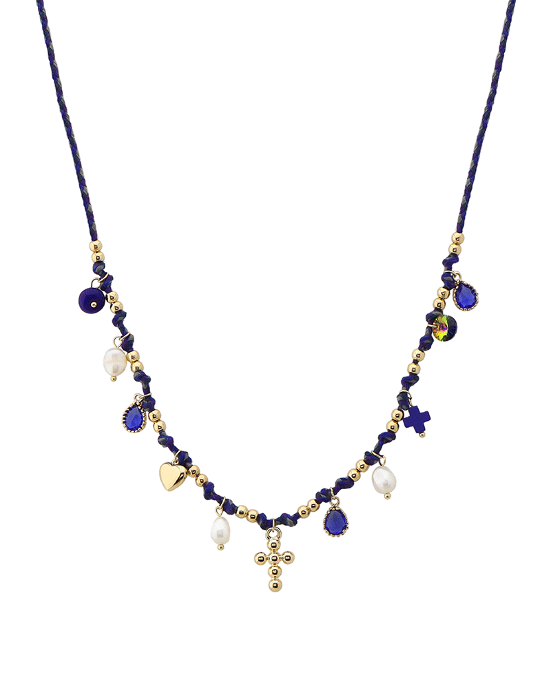 Cross w/ Multi Charm Cord Short Necklace
