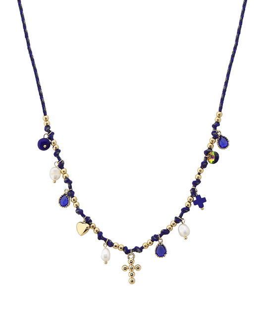 Cross w/ Multi Charm Cord Short Necklace