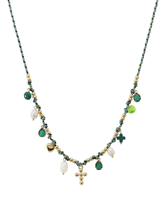 Cross w/ Multi Charm Cord Short Necklace