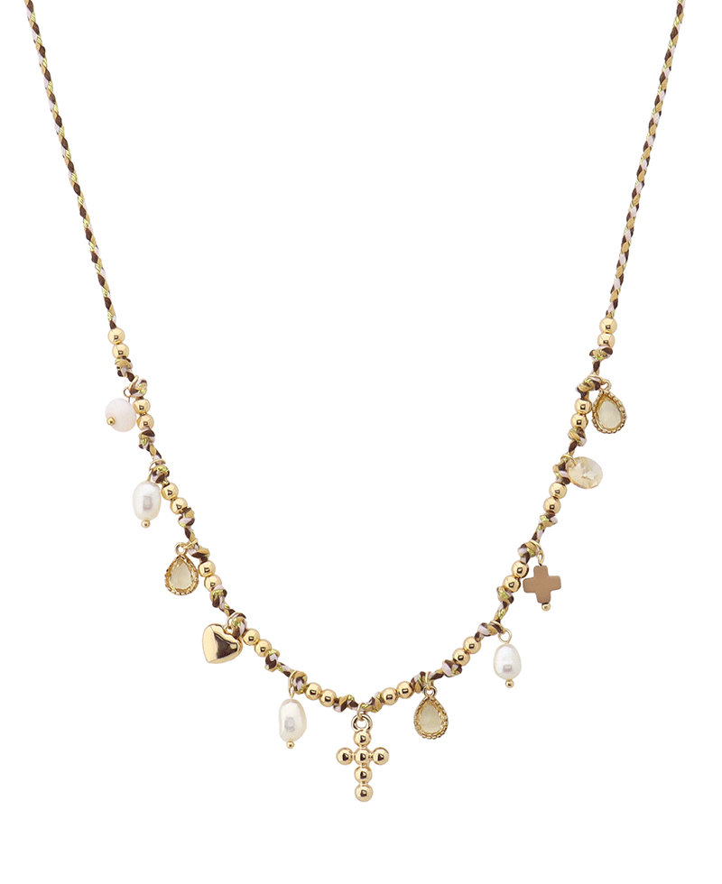 Cross w/ Multi Charm Cord Short Necklace