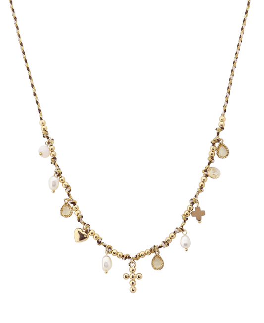 Cross w/ Multi Charm Cord Short Necklace
