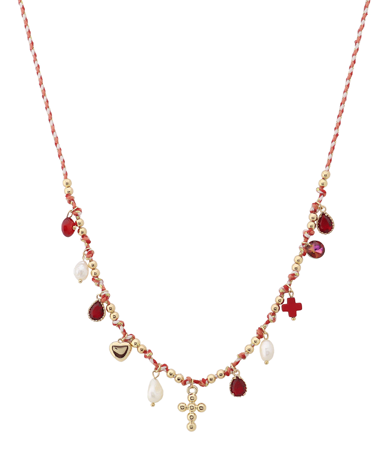 Cross w/ Multi Charm Cord Short Necklace