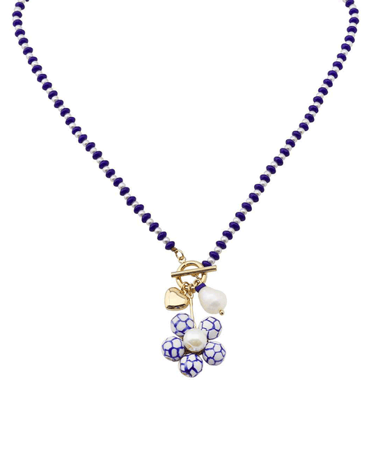 Blue White Floral Strand Blue Bead Short Necklace