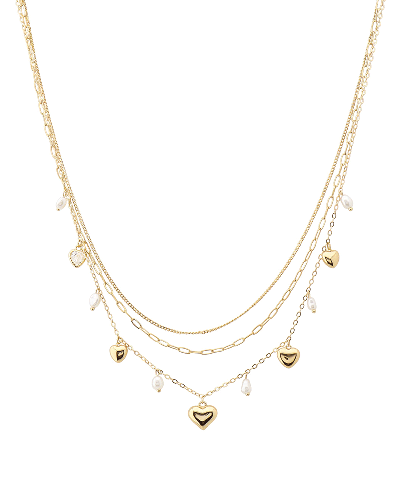 Layered Heart & Pearl Charms Short Necklace