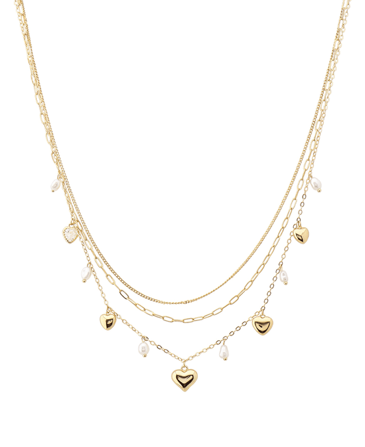 Layered Heart & Pearl Charms Short Necklace