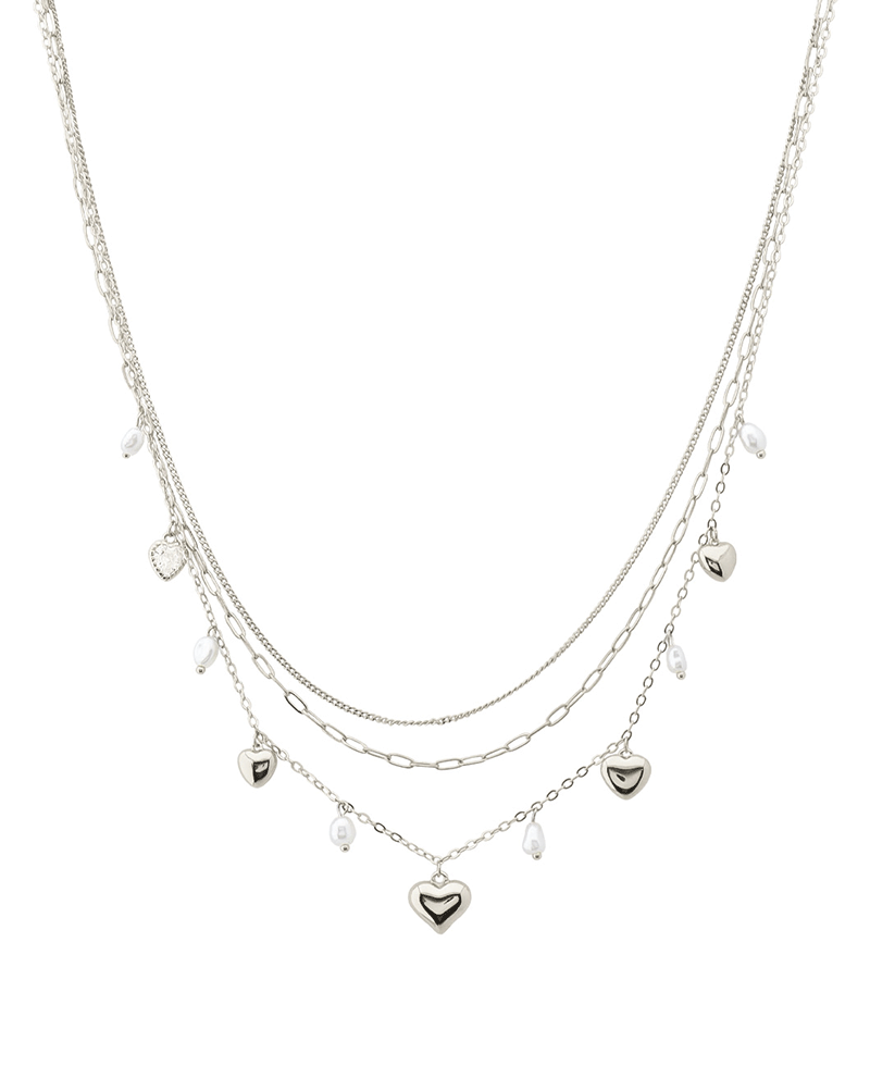 Layered Heart & Pearl Charms Short Necklace
