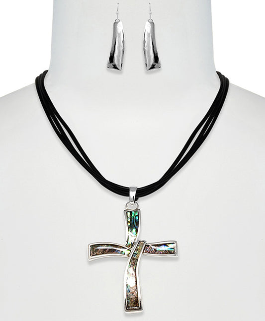 Cross Abalone Cord Necklace Set