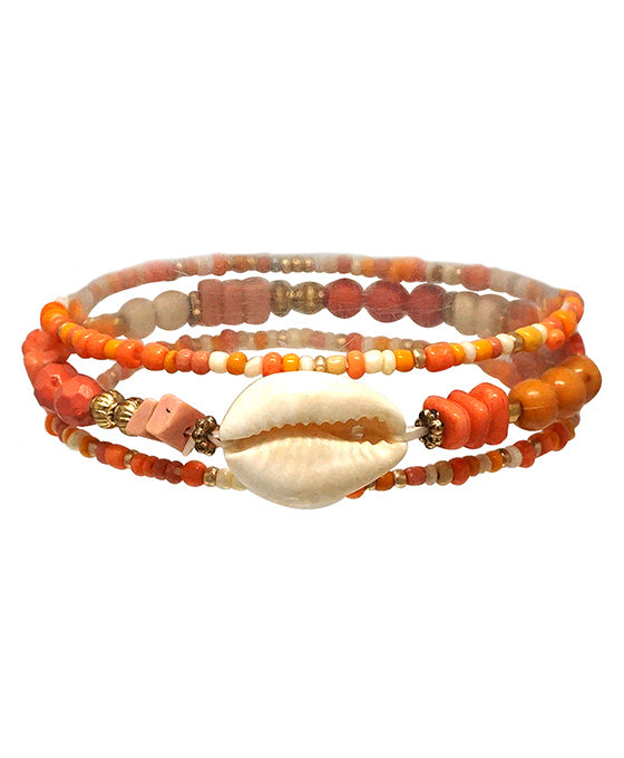 Seed Bead w/ Cowrie Shell 3 Layered Bracelet