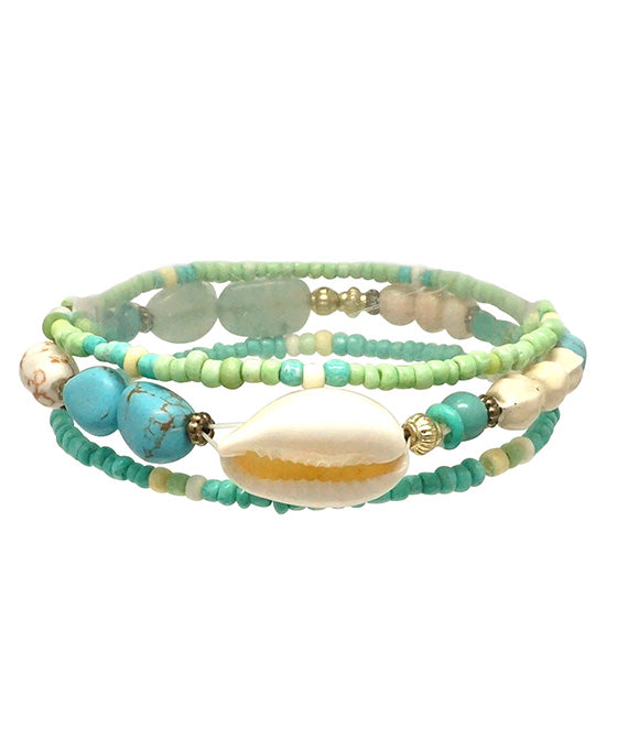 Seed Bead w/ Cowrie Shell 3 Layered Bracelet