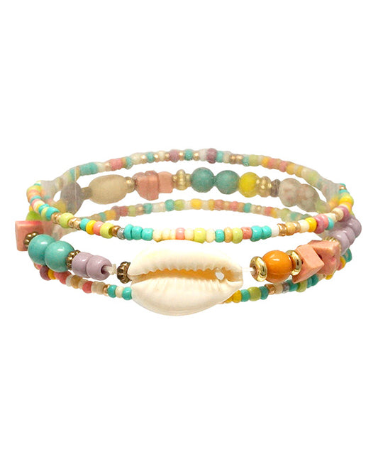 Seed Bead w/ Cowrie Shell 3 Layered Bracelet