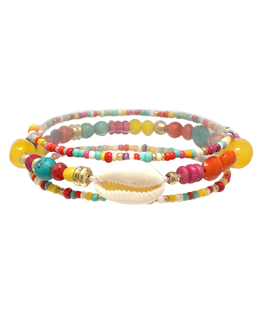 Seed Bead w/ Cowrie Shell 3 Layered Bracelet