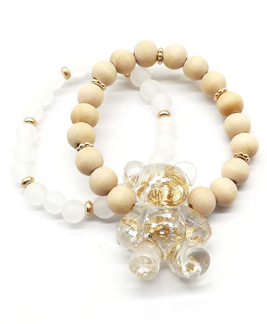 Wood & Glass Beads Teddy Bear Bracelet